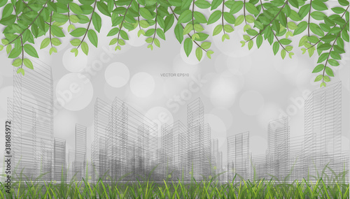 Outdoor abstract background of wireframe perspective rendering with green leaves, grass field and light blurred bokeh background. Vector.