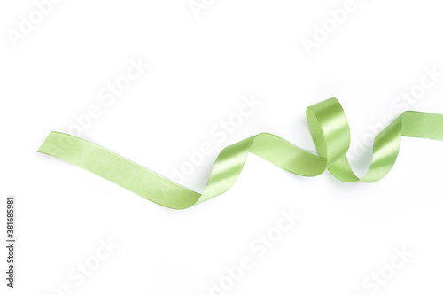  green satin curly ribbon isolated on white background