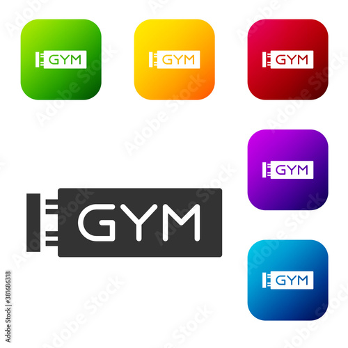 Black Location gym icon isolated on white background. Set icons in color square buttons. Vector.