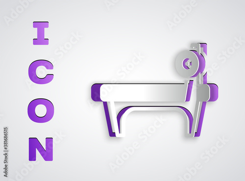 Paper cut Bench with barbel icon isolated on grey background. Gym equipment. Bodybuilding, powerlifting, fitness concept. Paper art style. Vector.