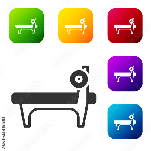 Black Bench with barbel icon isolated on white background. Gym equipment. Bodybuilding, powerlifting, fitness concept. Set icons in color square buttons. Vector.