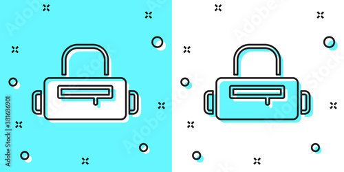 Black line Sport bag icon isolated on green and white background. Random dynamic shapes. Vector.