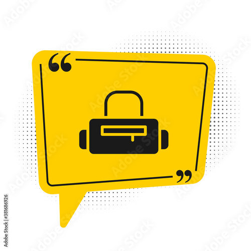 Black Sport bag icon isolated on white background. Yellow speech bubble symbol. Vector.