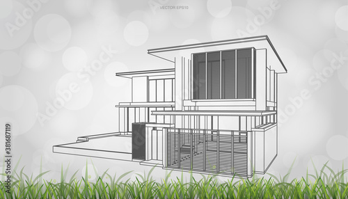 Conceptual image of house perspective render. 3D wireframe rendering with light blurred bokeh background. Vector.