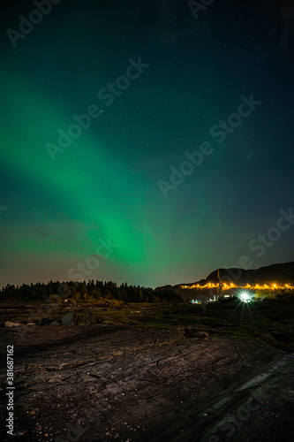 Northern lights over flatholmen, Stjordal, Norway. Aurora Borealis