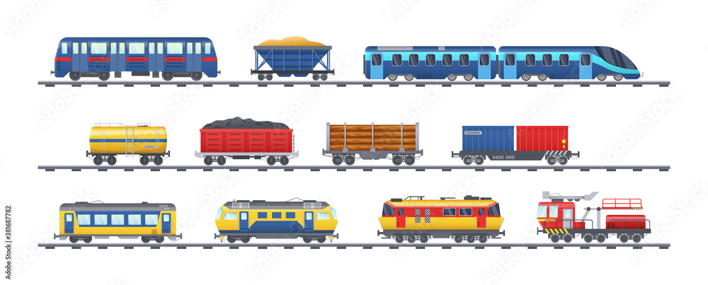 Set of freight train with wagons, tanks, freight, cisterns. Railway locomotive train with oil wagon, transportation cargo, railway transport locomotive, subway metro vector