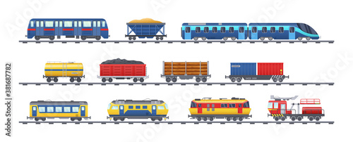 Set of freight train with wagons, tanks, freight, cisterns. Railway locomotive train with oil wagon, transportation cargo, railway transport locomotive, subway metro vector