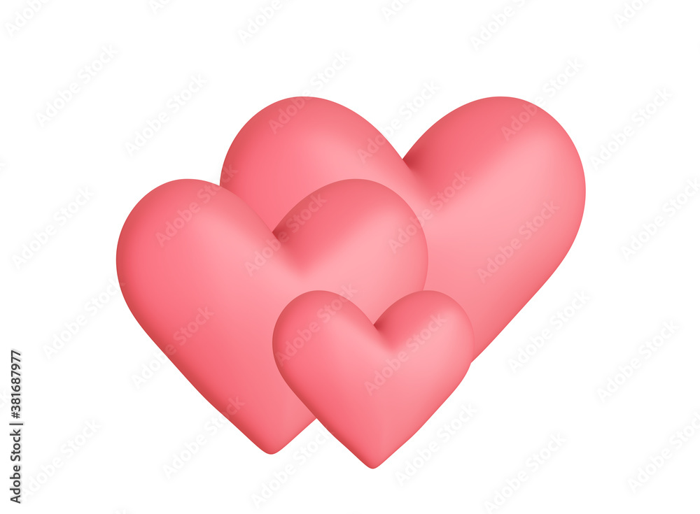 three matte soft red hearts isolated on white. 3d illustration three matte soft red hearts isolated on white. 3d illustration