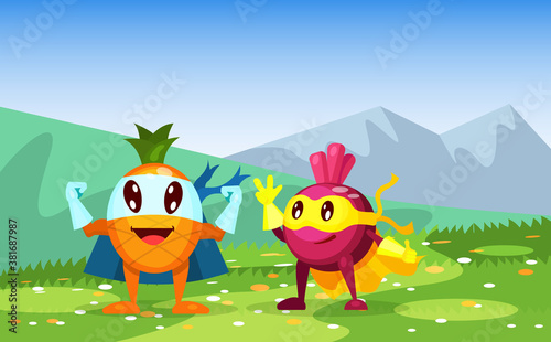 Funny cartoon character vegetable beet in superhero costume at masks emotion, pineapple with hands up. Fruit together, lemon happily welcomes other fruits character vector