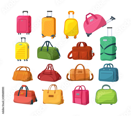 Travel luggage, plastic case, metal backpacks and leather bag. Travel suitcase with wheels, journey package, business travel bag, trip luggage. Vector backpack suitcase for journey, vacation