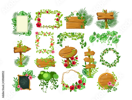 Liana branches frames. Rainforest leaves and tropical liana. Game elements plants of jungle and frames with space for text. Jungle cartoon games plank liana isolated. Branches and wooden boards