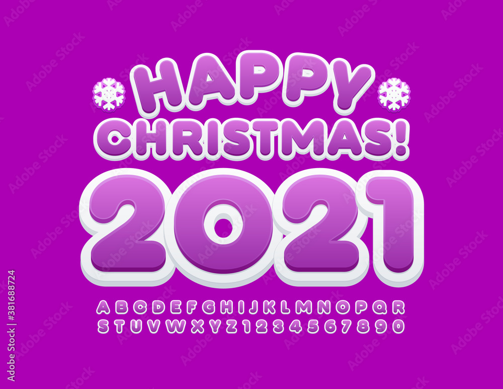 Vector cute greeting card Happy Christmas 2021! Violet and White Font for Children. Creative Alphabet Letters and Numbers set