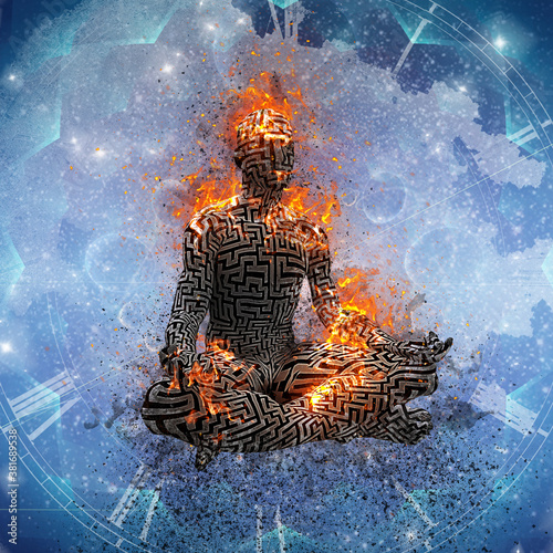 Canvas-taulu Flaming meditation. Man in lotus pose. 3D rendering