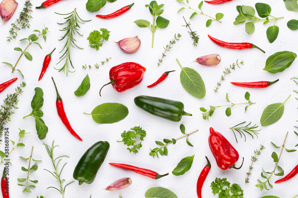 Spice herbal leaves and chili pepper on white background. Vegetables pattern. Floral and vegetables on white background. Top view, flat lay. Spice herbal leaves and chili pepper on white background. Vegetables pattern. Floral and vegetables on white background. Top view, flat lay.