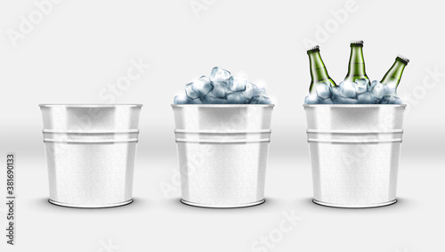 Beer Bottles In Metal Ice Bucket For Cool Drinks