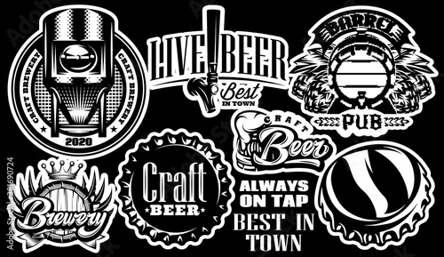 Set of vector monochrome patterns on the theme of beer and brewing. Set of elements for design