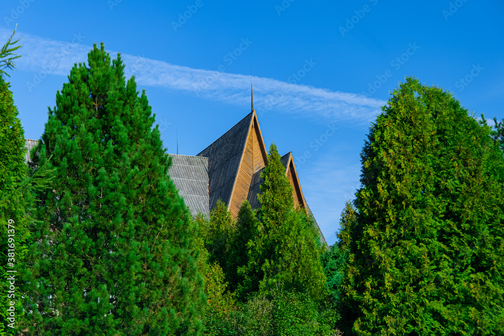 wooden cabin triangle outskirts house architecture shape above vivid green foliage of trees in clear weather summer day