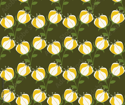 Vector seamless pattern with flowers in a green background.