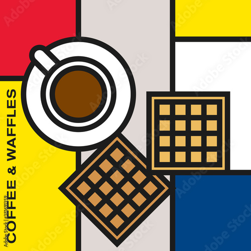 Coffee cup with two square waffles. Modern style art with rectangular colour blocks. Piet Mondrian style pattern.