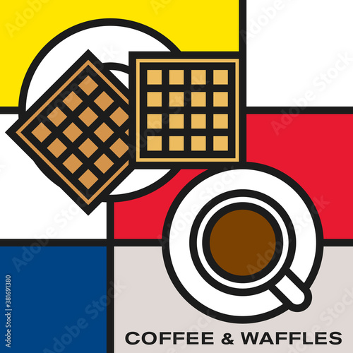 Coffee cup with two square waffles. Modern style art with rectangular colour blocks. Piet Mondrian style pattern.