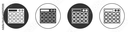 Black Drum machine music producer equipment icon isolated on white background. Circle button. Vector.