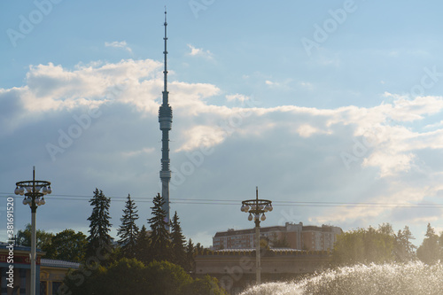 Moscow cityscape in summer sunset. Concepts of the beauty of the city. and nature Ostankino tv tower as background. Back light / back lit. photo