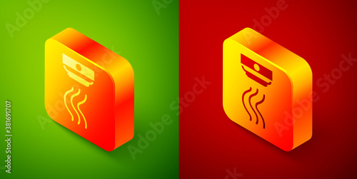 Isometric Smoke alarm system icon isolated on green and red background. Smoke detector. Square button. Vector.