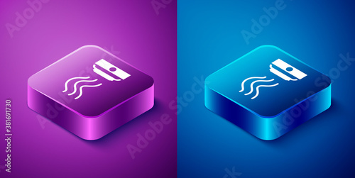 Isometric Smoke alarm system icon isolated on blue and purple background. Smoke detector. Square button. Vector.