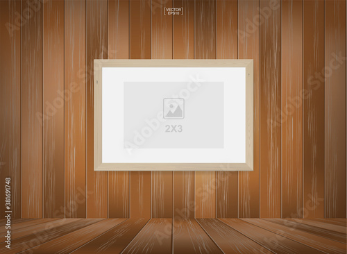 Empty photo frame or picture frame background in wooden room space background. For room design and interior decoration. Vector.