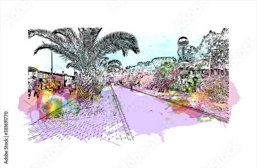 Building view with landmark of Batumi is the second largest city of Georgia. Watercolor splash with hand drawn sketch illustration in vector.