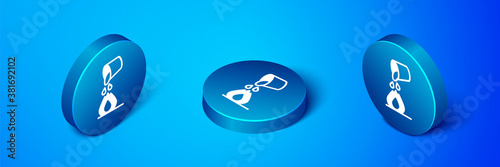 Isometric Water bucket extinguishing a fire icon isolated on blue background. Blue circle button. Vector.