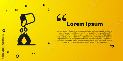 Black Water bucket extinguishing a fire icon isolated on yellow background. Vector.