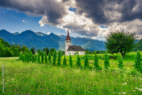 Church with agricultural sourrounding in the slovenian alpine area. photo