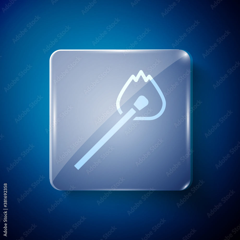 White Burning match with fire icon isolated on blue background. Match with fire. Matches sign. Square glass panels. Vector. White Burning match with fire icon isolated on blue background. Match with fire. Matches sign. Square glass panels. Vector.