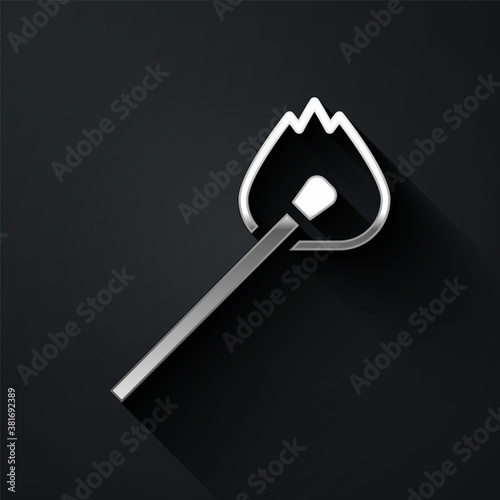 Silver Burning match with fire icon isolated on black background. Match with fire. Matches sign. Long shadow style. Vector.