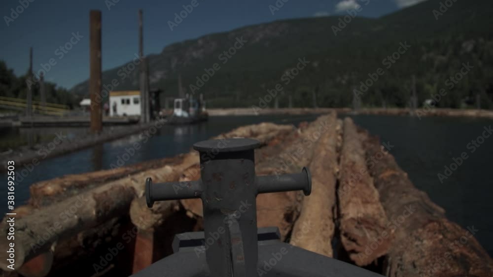 POV Bow of Ship Pushing Log Boom in Water POV Bow of Ship Pushing Log Boom in Water