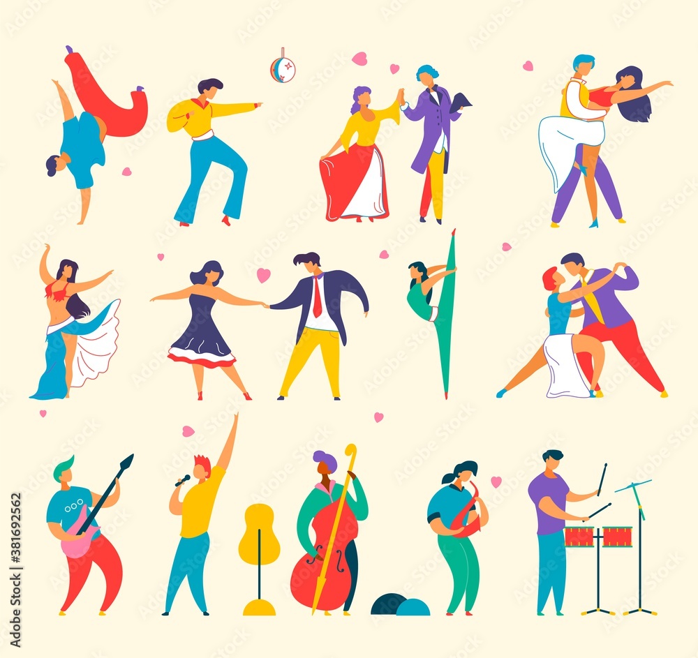 Flat cartoon characters people dancing, playing music