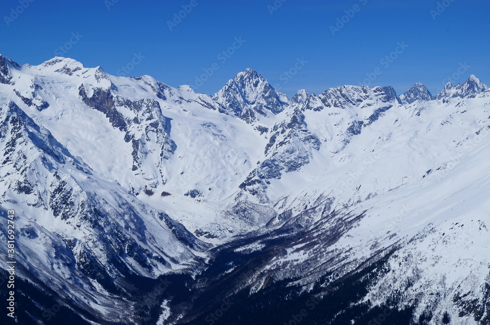 mountain landscape, forest, snow, skiing, stones, rocks