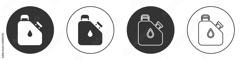 Black Canister for flammable liquids icon isolated on white background. Oil or biofuel, explosive chemicals, dangerous substances. Circle button. Vector. Black Canister for flammable liquids icon isolated on white background. Oil or biofuel, explosive chemicals, dangerous substances. Circle button. Vector.