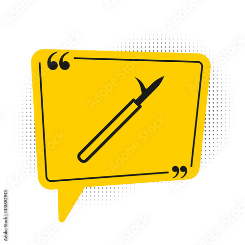 Black Metal pike pole with wooden handle icon isolated on white background. Spear, pickaxe, hook hand extinguishing instrument and tool for fireman. Yellow speech bubble symbol. Vector.