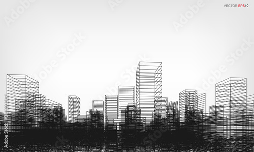 Perspective 3D render of city wireframe. Wireframe city background of building. Vector.