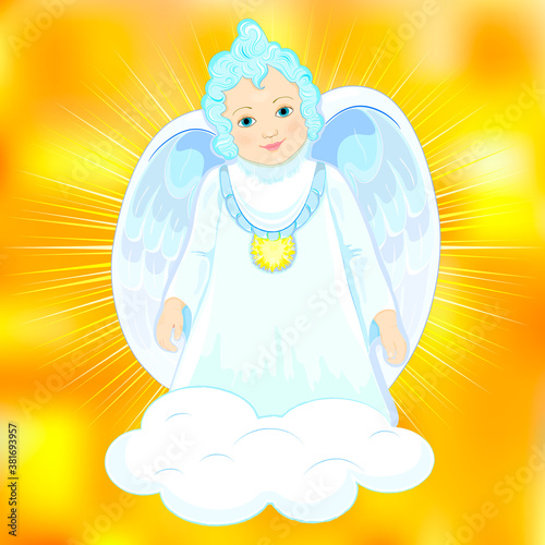 Religion. In the clouds, a baby angel with blue curls and wings . Gold. Illustration