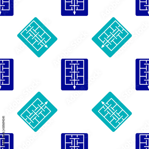 Blue Evacuation plan icon isolated seamless pattern on white background. Fire escape plan. Vector. © Kostiantyn