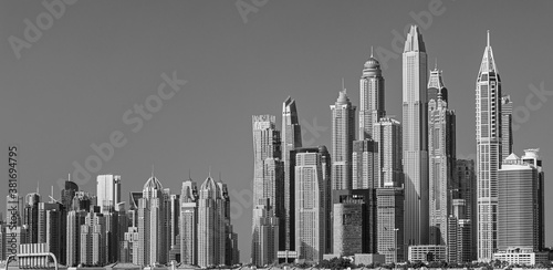 Dubai Marina skyline  yachts and famous promenade  United Arab Emirates