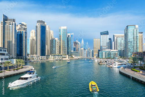 Dubai Marina skyline, yachts and famous promenade, United Arab Emirates