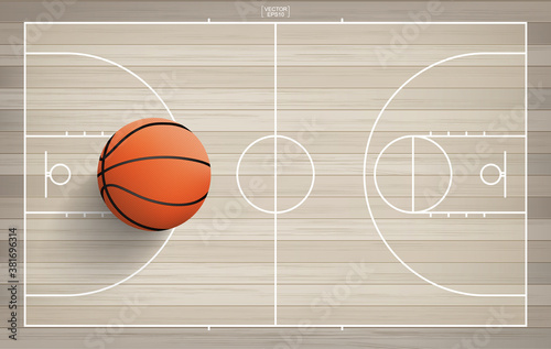 Basketball ball in basketball court area. With wooden pattern background. Vector.