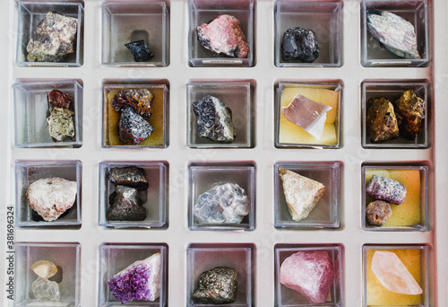 Mineral collection box, geologist background