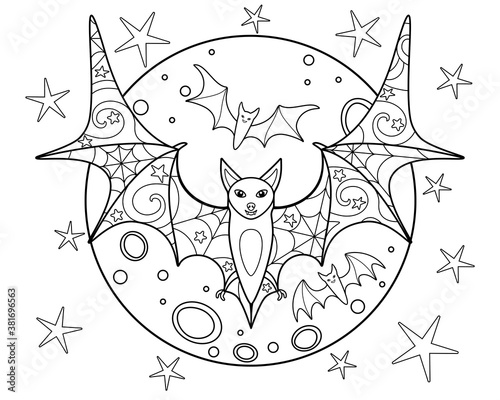 Bats on the background of the moon - coloring antistress - vector linear picture for coloring. Three bats - with anti-stress patterns. Outline.