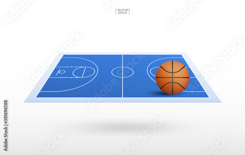 Basketball ball and basketball court background with line court pattern. Perspective view of basketball field background. Vector.