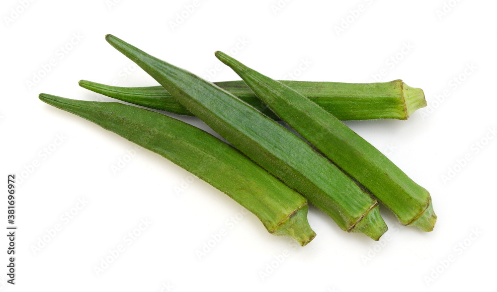 Fresh raw okra isolated on white background, horizontal with copy space Fresh raw okra isolated on white background, horizontal with copy space